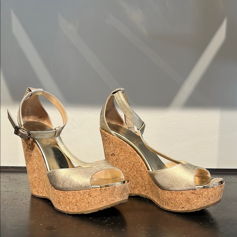 Jimmy Choo Metallic Champagne Gold Cork Wedges